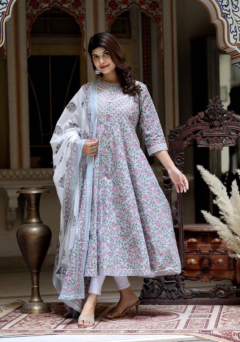 Blue Gota Patti Cotton Anarkali Set