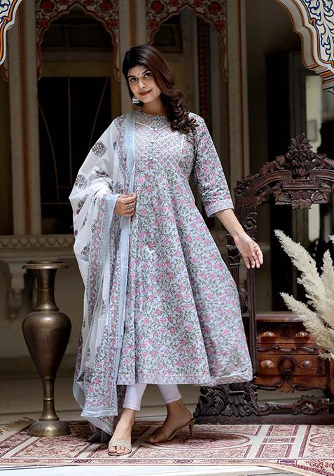 Blue Gota Patti Cotton Anarkali Set