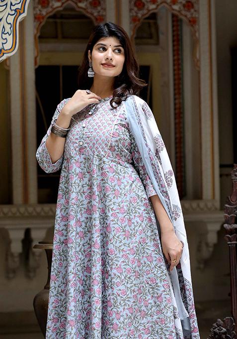 Blue Gota Patti Cotton Anarkali Set