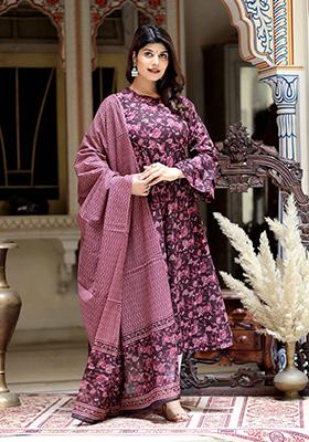 Maroon Printed Cotton Anarkali Set