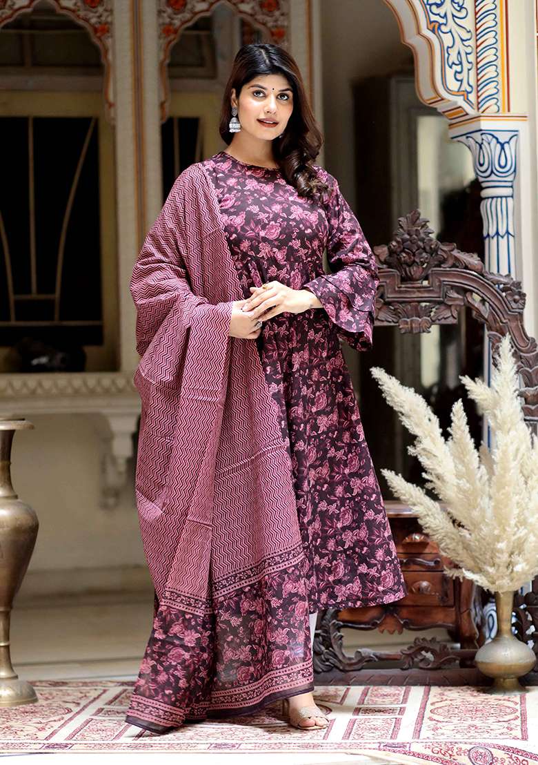 Maroon Floral Print Cotton Straight Kurta Set - Indya