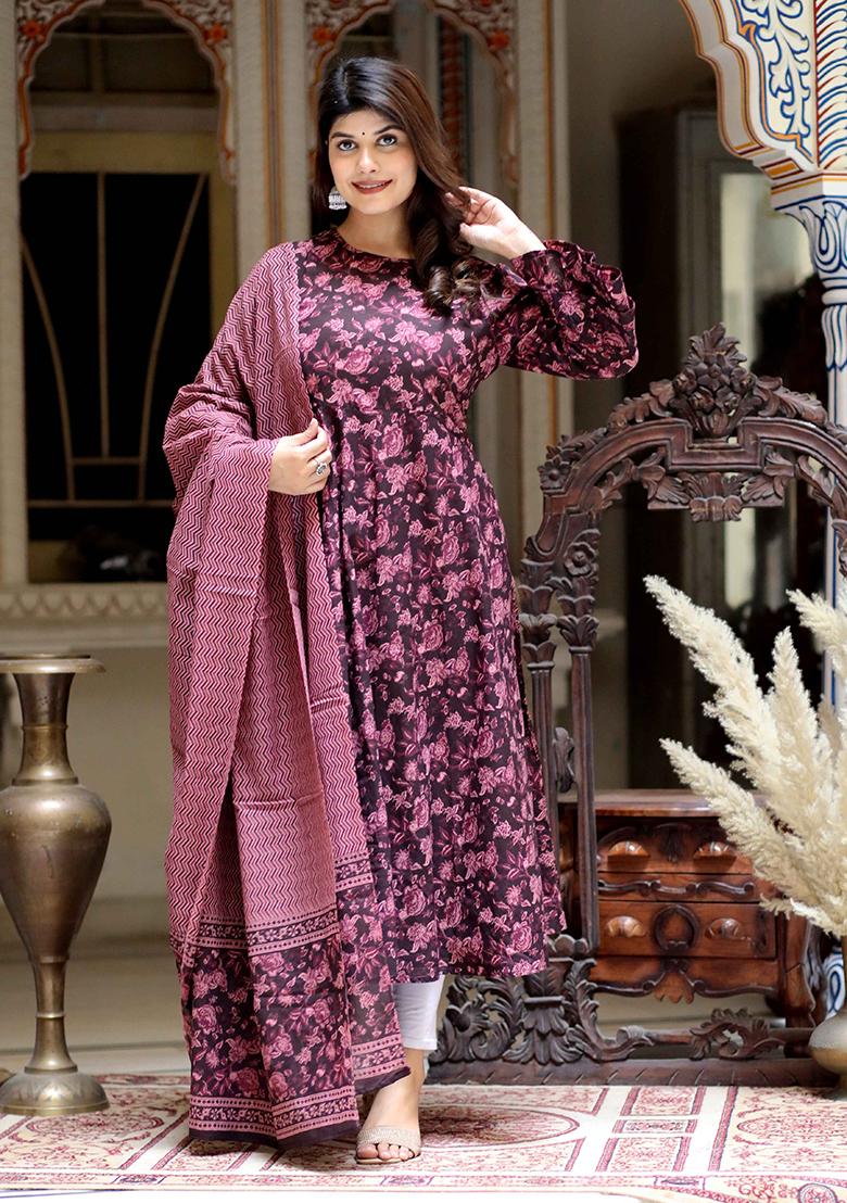 Maroon Printed Cotton Anarkali Set