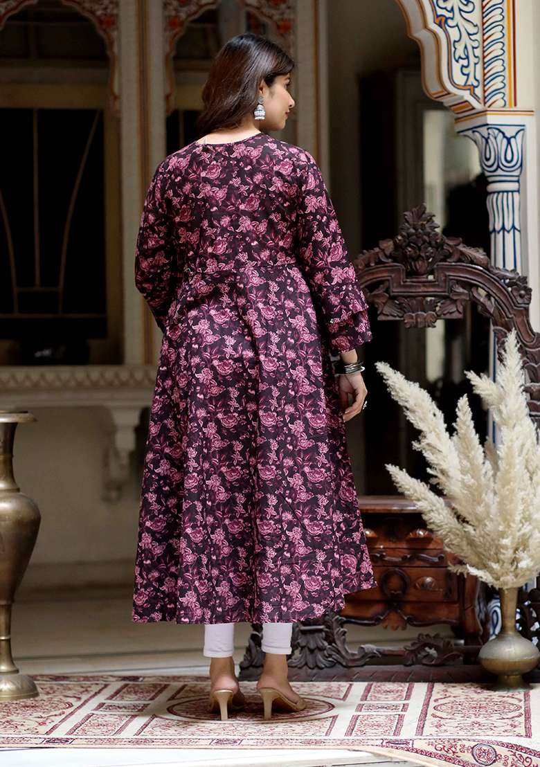 Maroon Floral Print Cotton Straight Kurta Set - Indya