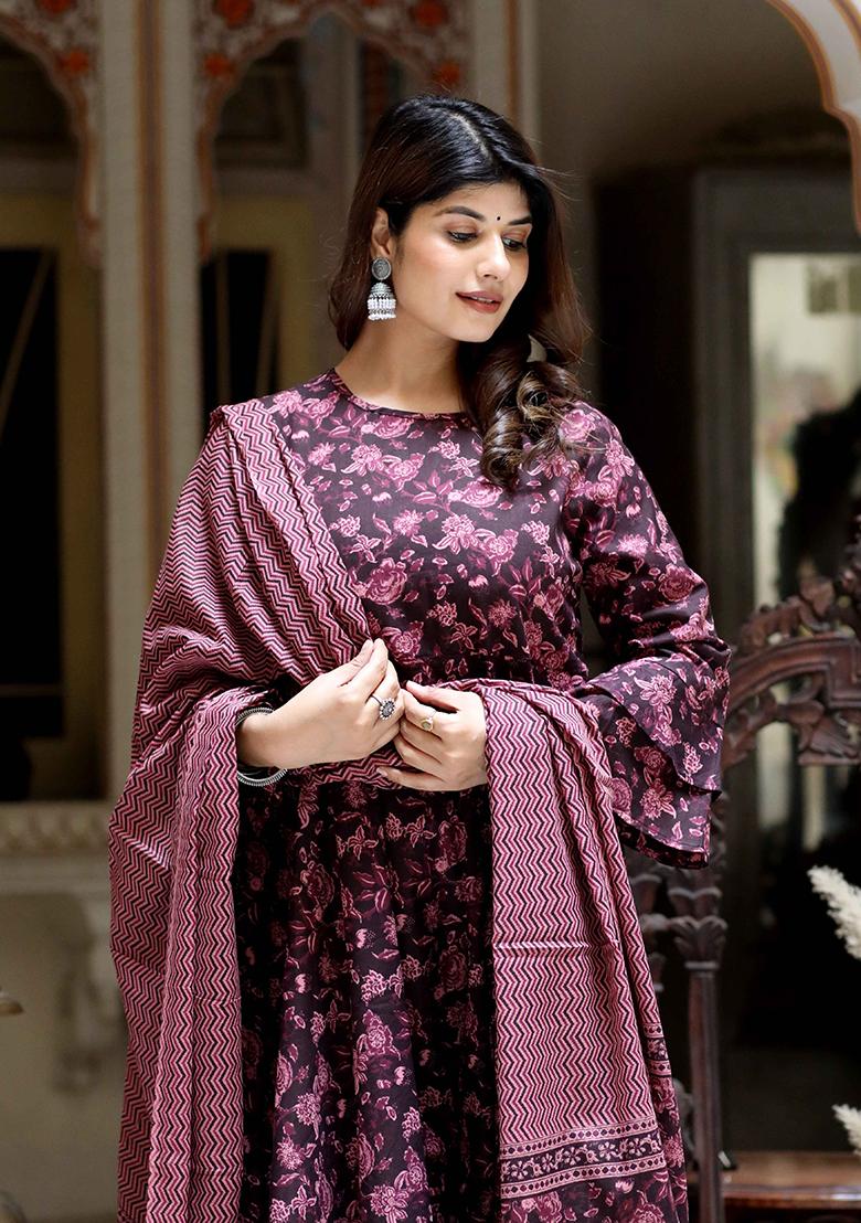 Maroon Printed Cotton Anarkali Set