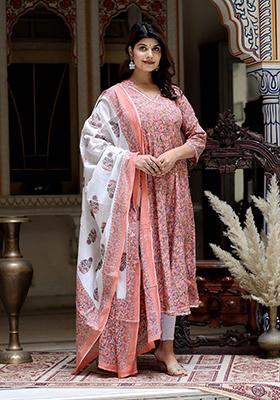 Orange Printed Cotton Anarkali Set