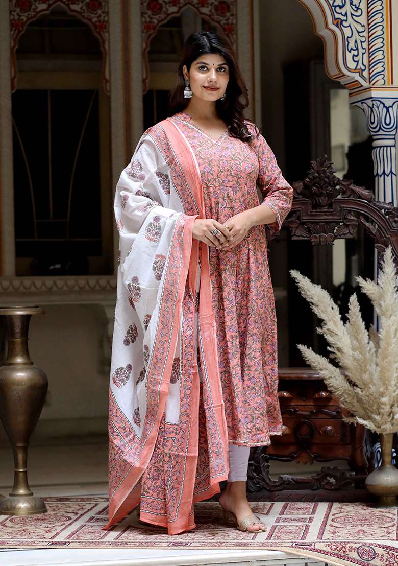 Orange Floral Print Cotton Anarkali Set - Indya