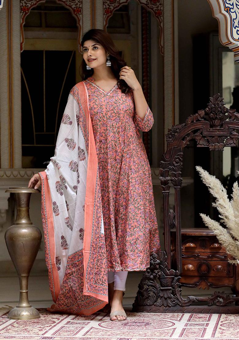 Orange Printed Cotton Anarkali Set