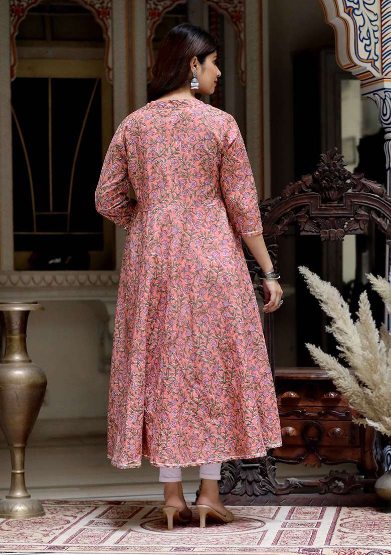 Orange Floral Print Cotton Anarkali Set - Indya