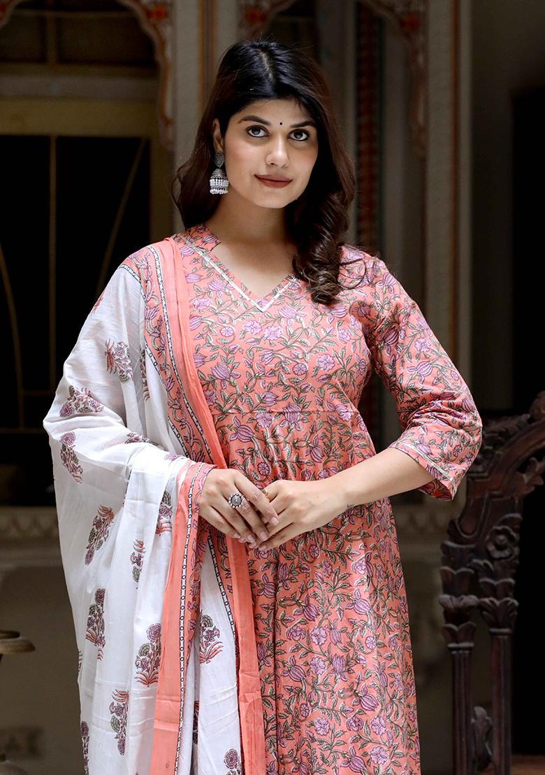 Orange Printed Cotton Anarkali Set