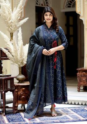 Blue Printed Cotton Anarkali Set