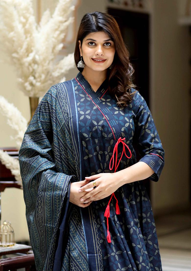 Blue Printed Cotton Anarkali Set