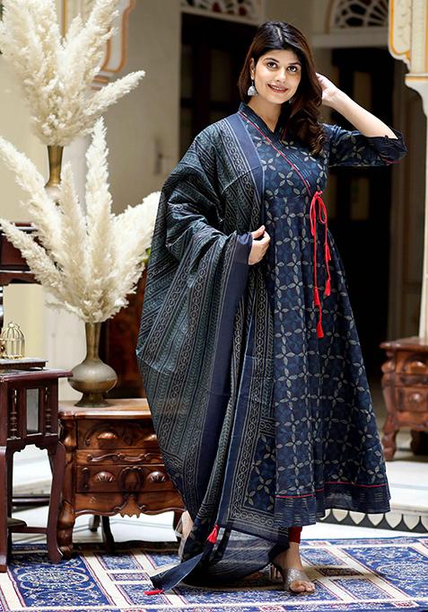 Blue Printed Cotton Anarkali Set