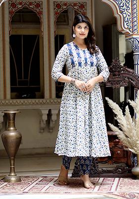 Blue Printed Cotton Anarkali Set