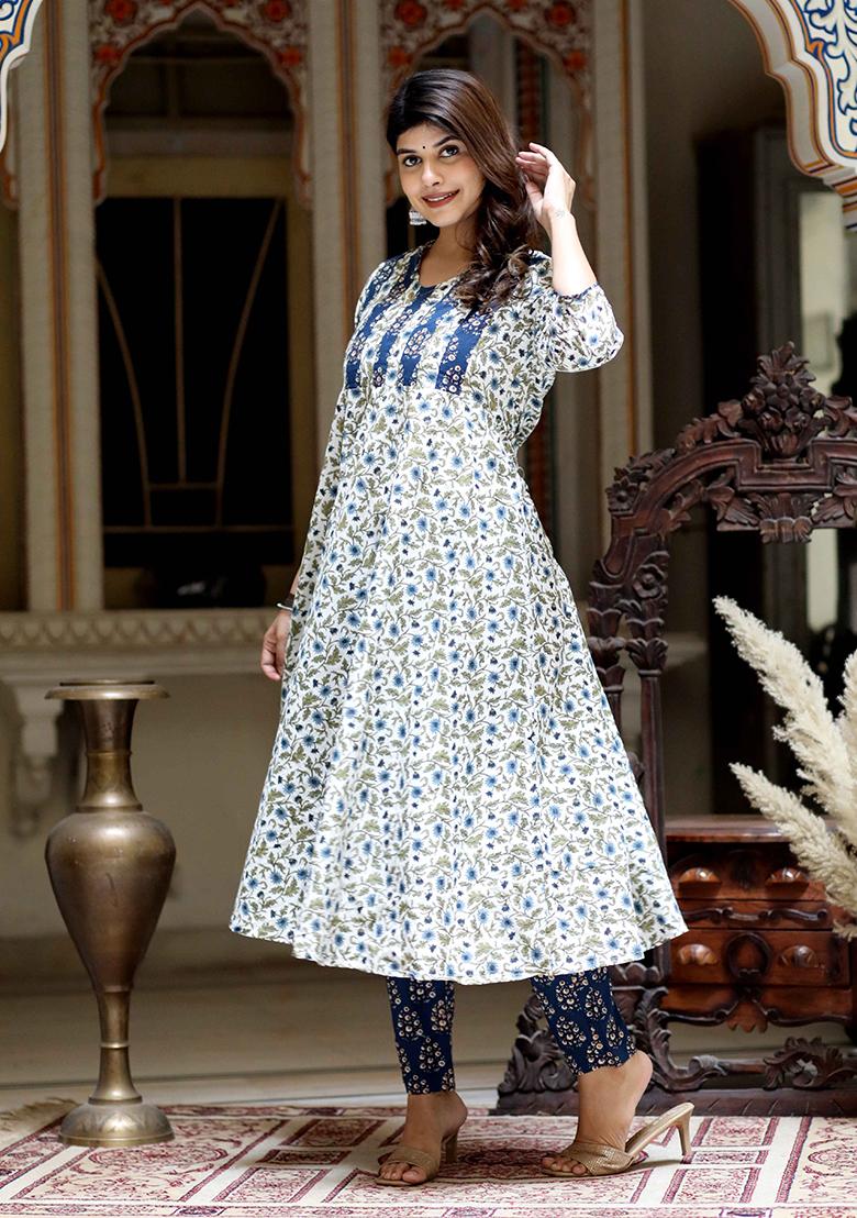 Blue Printed Cotton Anarkali Set