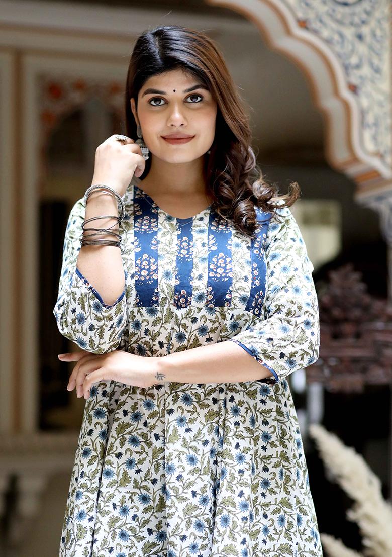 Blue Printed Cotton Anarkali Set