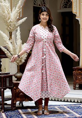 Orange Printed Cotton Anarkali Set