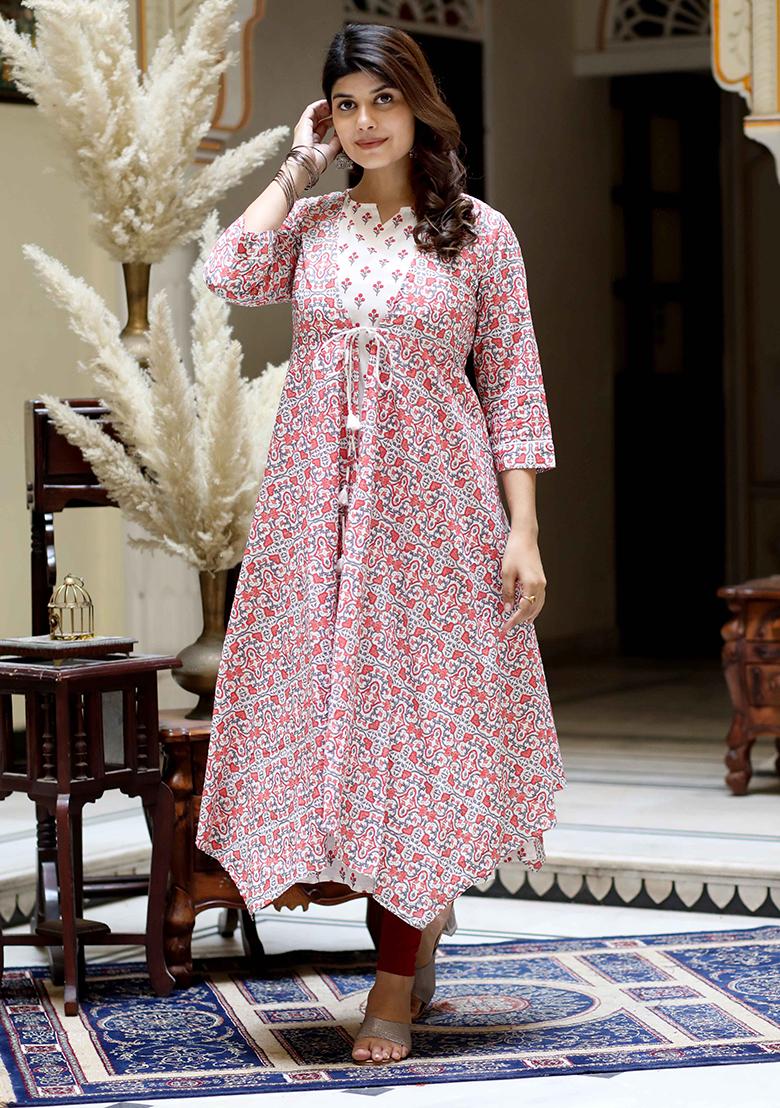 Orange Printed Cotton Anarkali Set