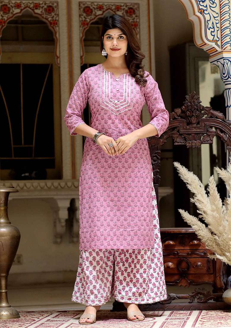 Pink Embroidered Cotton Straight Kurta Set - Indya