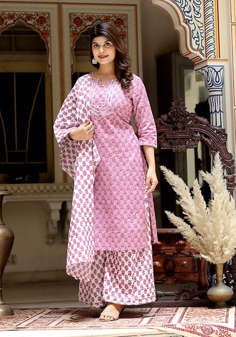 Pink Floral Print Cotton Straight Kurta Set