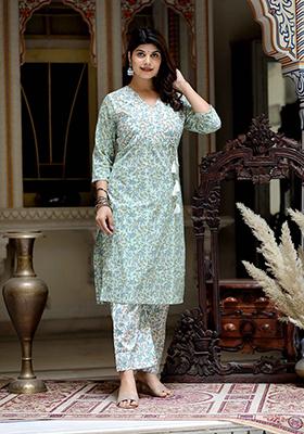 Green Printed Cotton Salwar Kameez