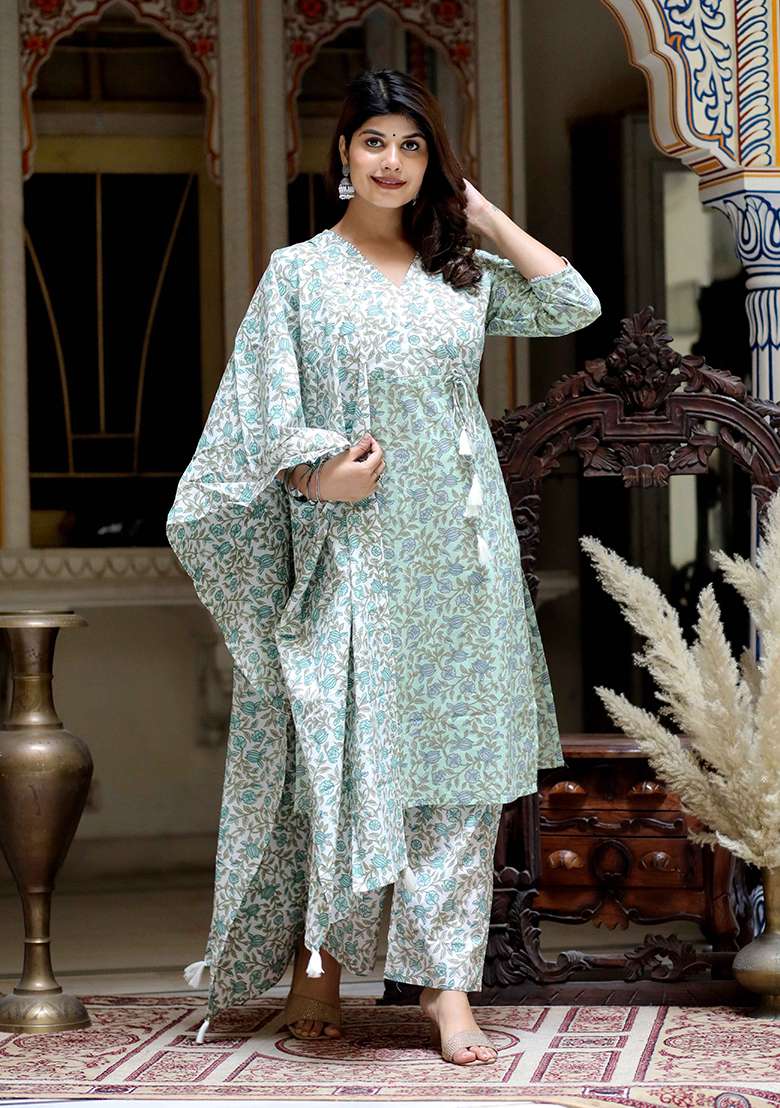 Green Floral Print Cotton Straight Kurta Set - Indya