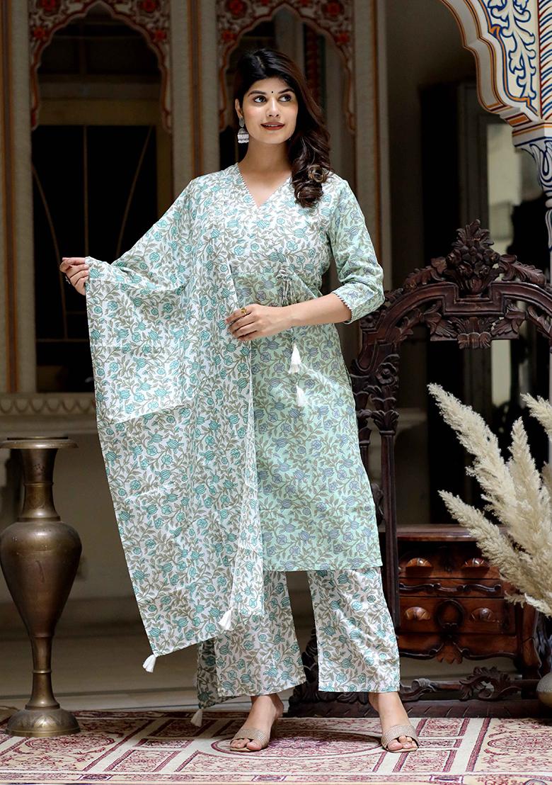 Green Printed Cotton Salwar Kameez