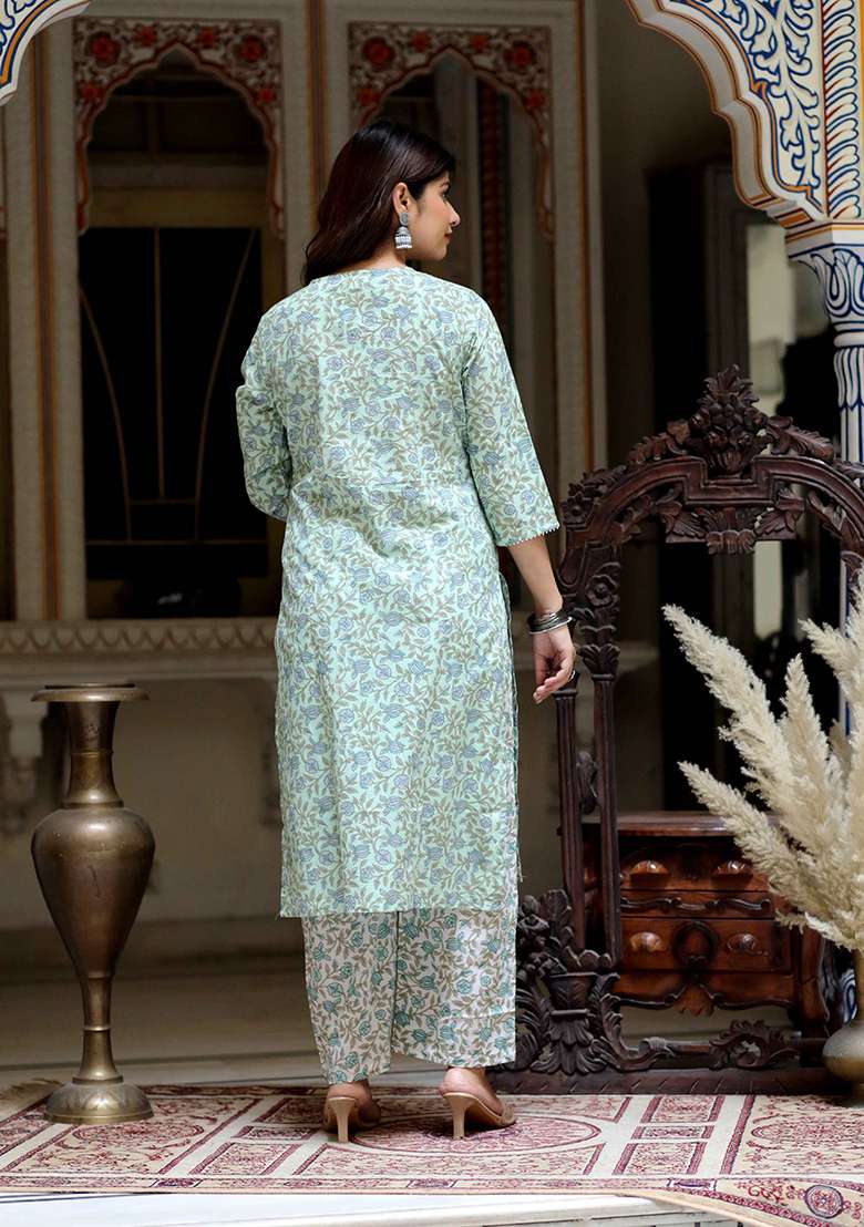 Green Floral Print Cotton Straight Kurta Set - Indya