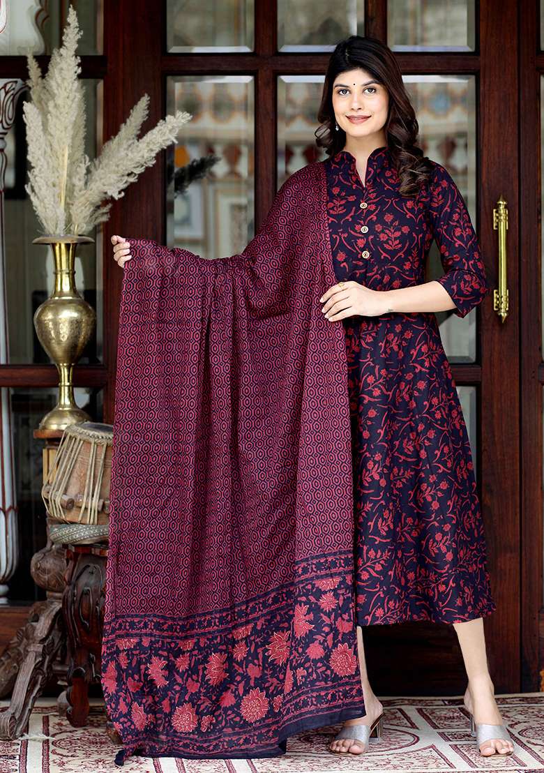 Maroon Printed Cotton Anarkali Set - Indya