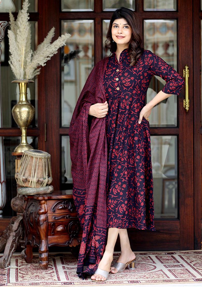 Maroon Printed Cotton Anarkali Set