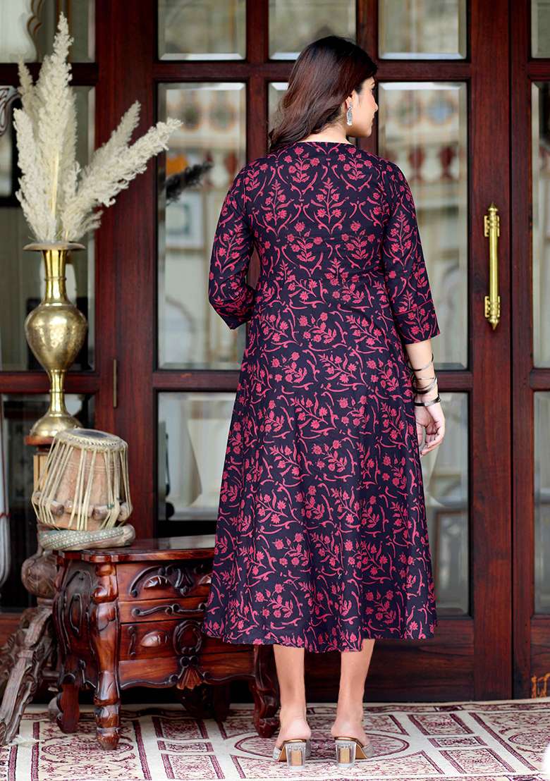 Maroon Printed Cotton Anarkali Set - Indya
