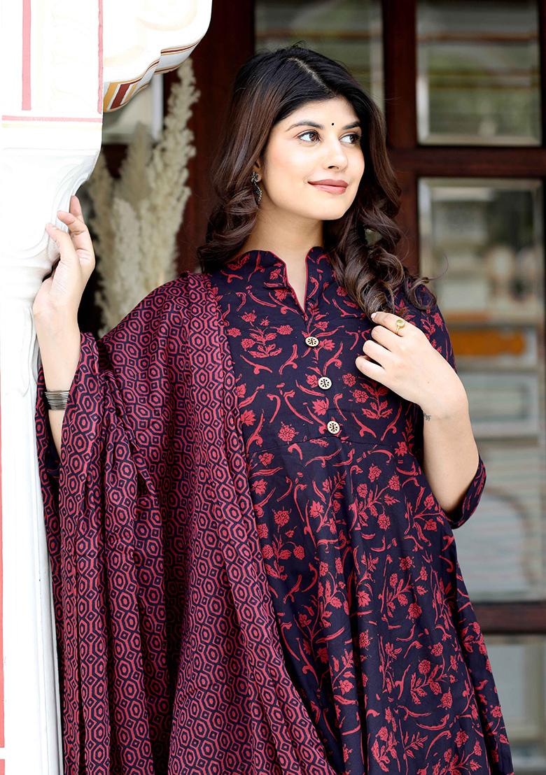 Maroon Printed Cotton Anarkali Set