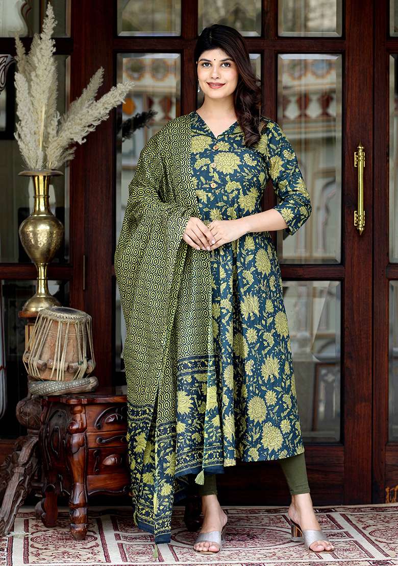 Green Floral Print Cotton A Line Kurta Set - Indya