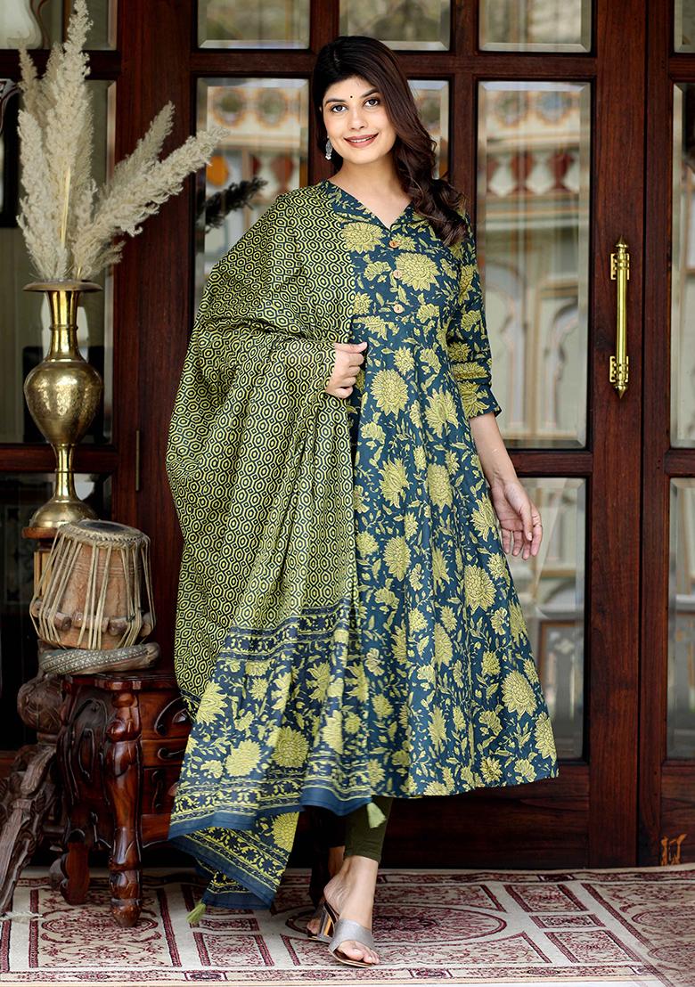 Green Printed Cotton Anarkali Set