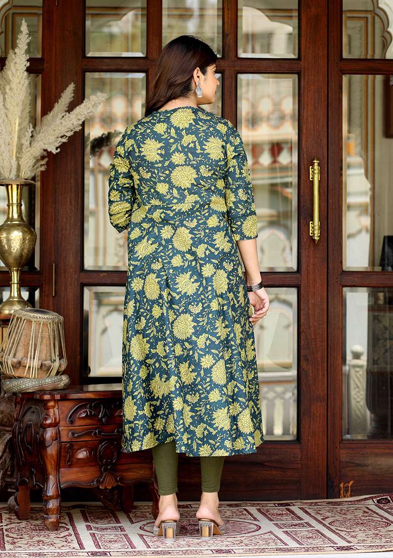 Green Floral Print Cotton A Line Kurta Set - Indya