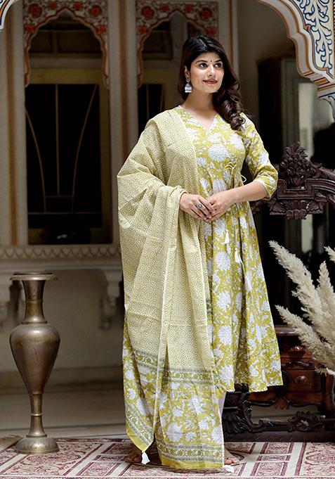 Yellow Printed Cotton Anarkali Set