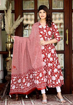 Red Printed Cotton Salwar Kameez
