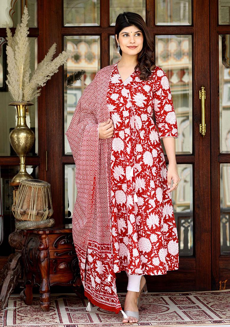 Red Printed Cotton Salwar Kameez