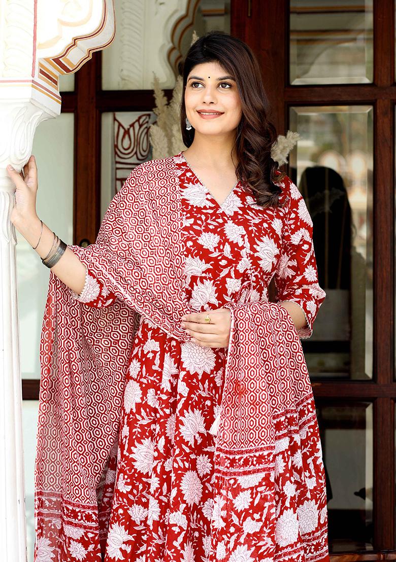 Red Printed Cotton Salwar Kameez