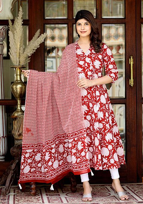 Red Printed Cotton Salwar Kameez