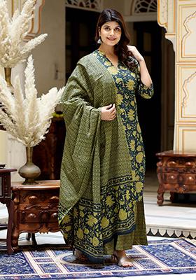 Green Printed Cotton Salwar Kameez