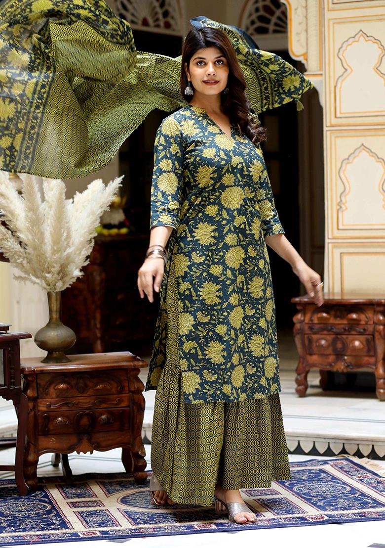 Green Printed Cotton Salwar Kameez
