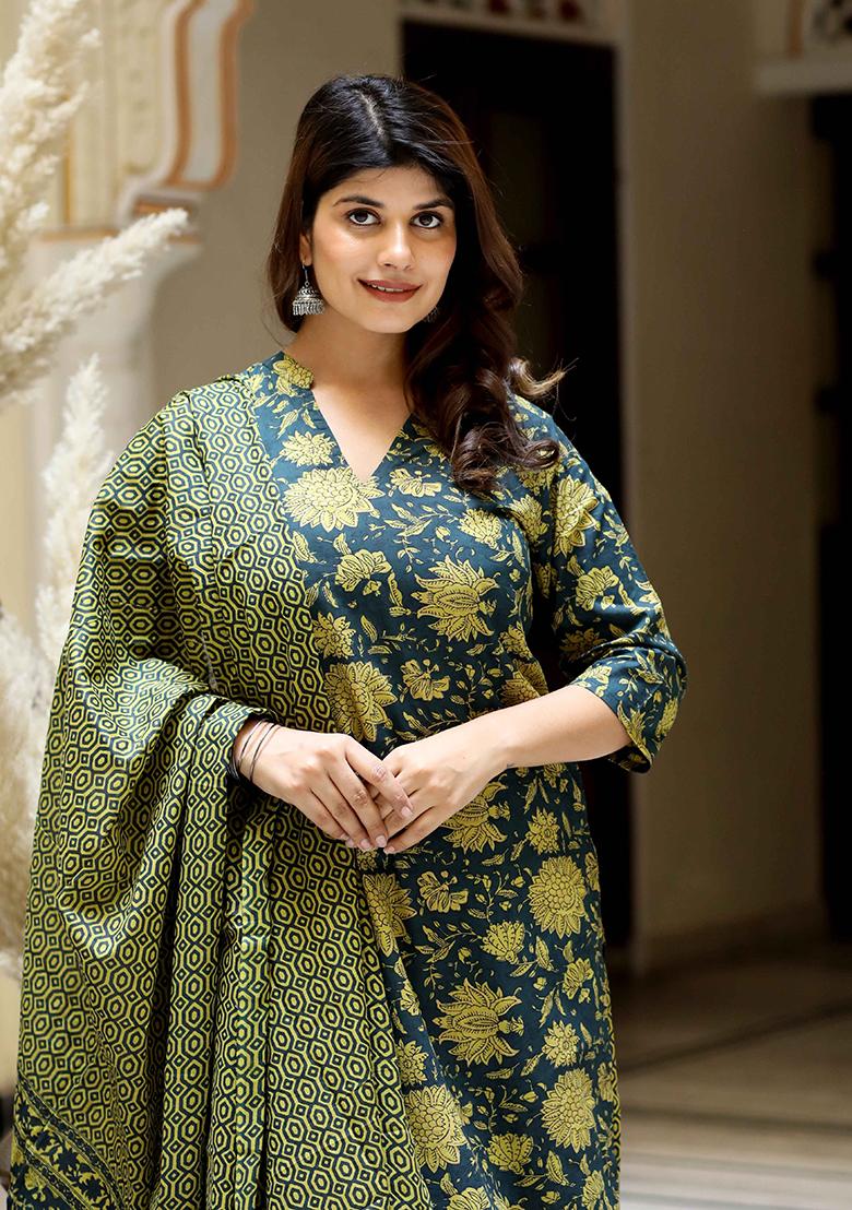Green Printed Cotton Salwar Kameez