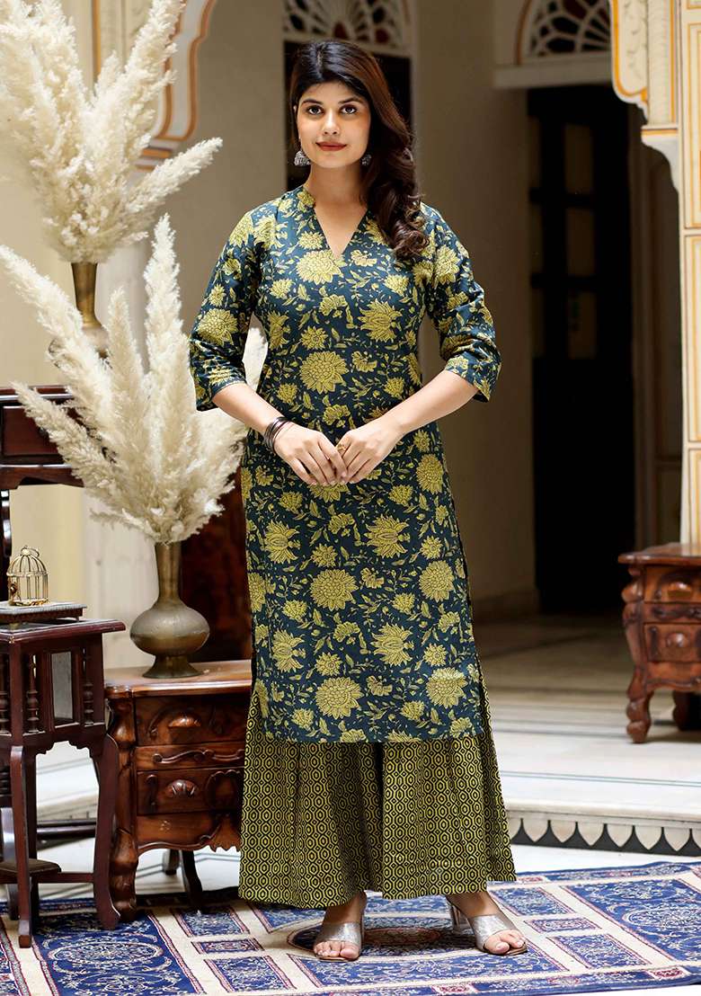 Green Floral Print Cotton Straight Kurta Set - Indya
