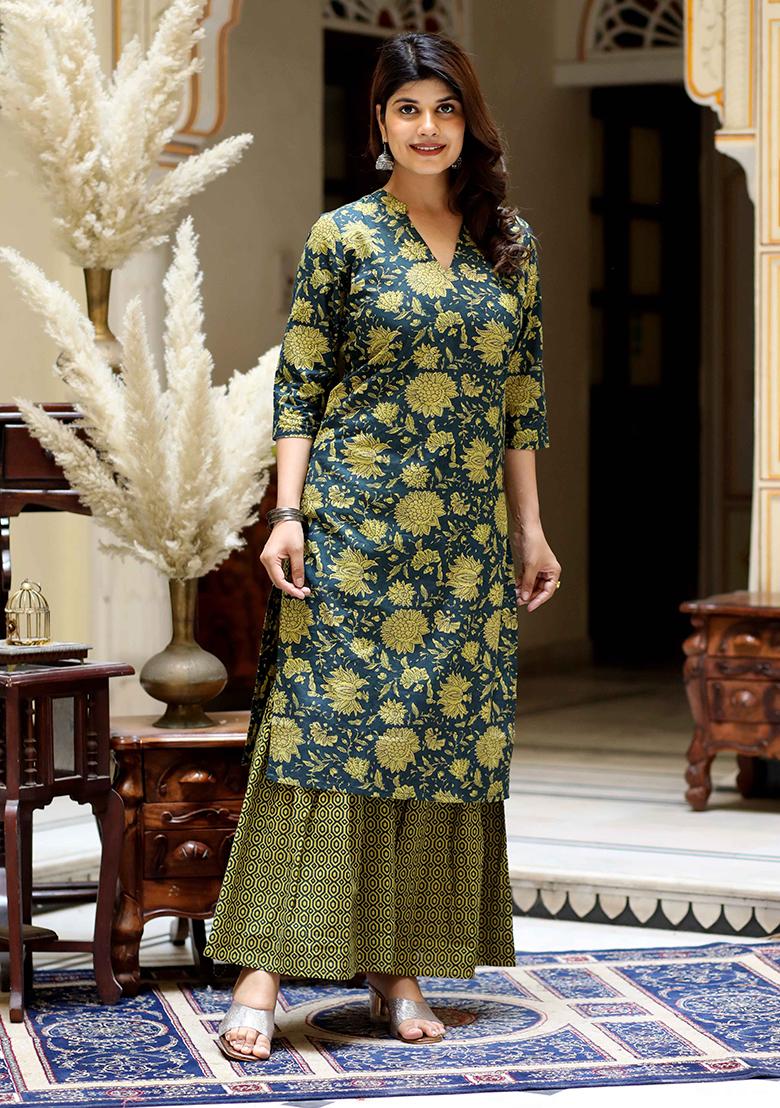 Green Printed Cotton Sharara Set