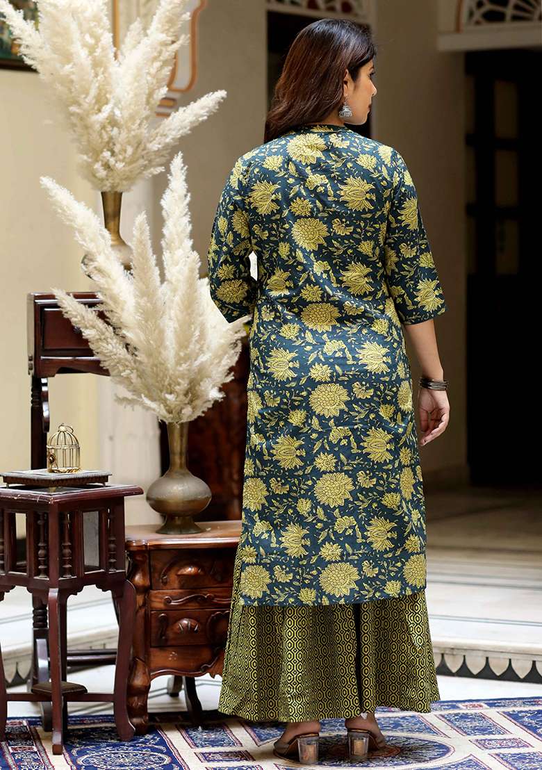 Green Floral Print Cotton Straight Kurta Set - Indya