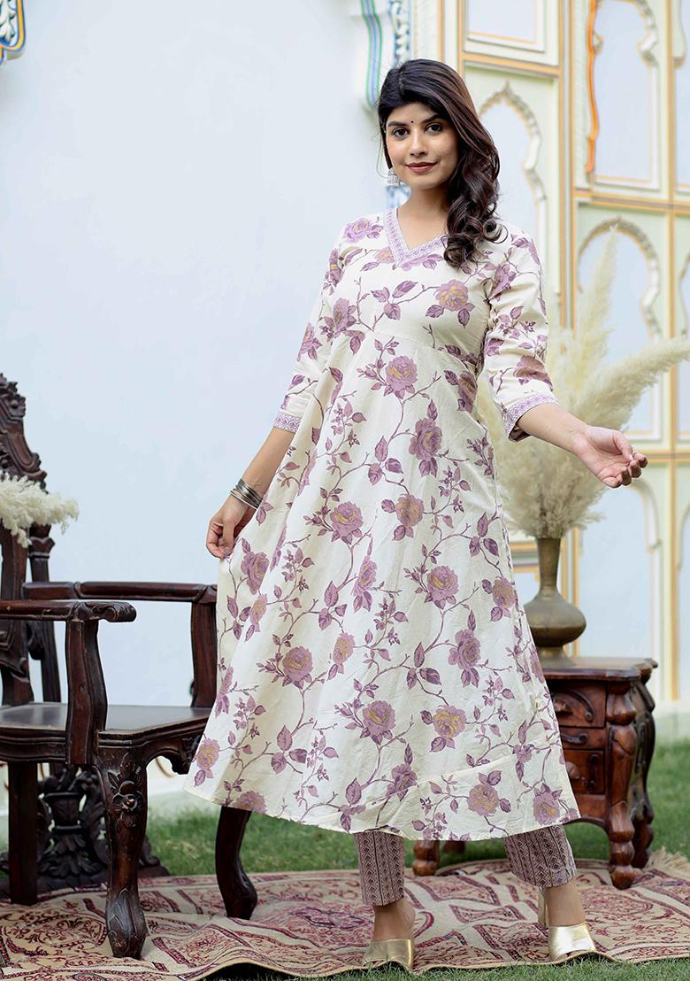 Pink Printed Cotton Anarkali Set