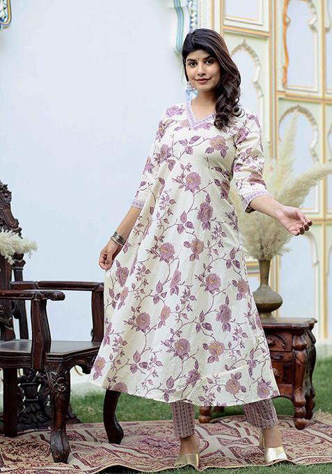 Pink Printed Cotton Anarkali Set