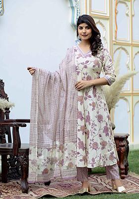 Pink Printed Cotton Anarkali Set