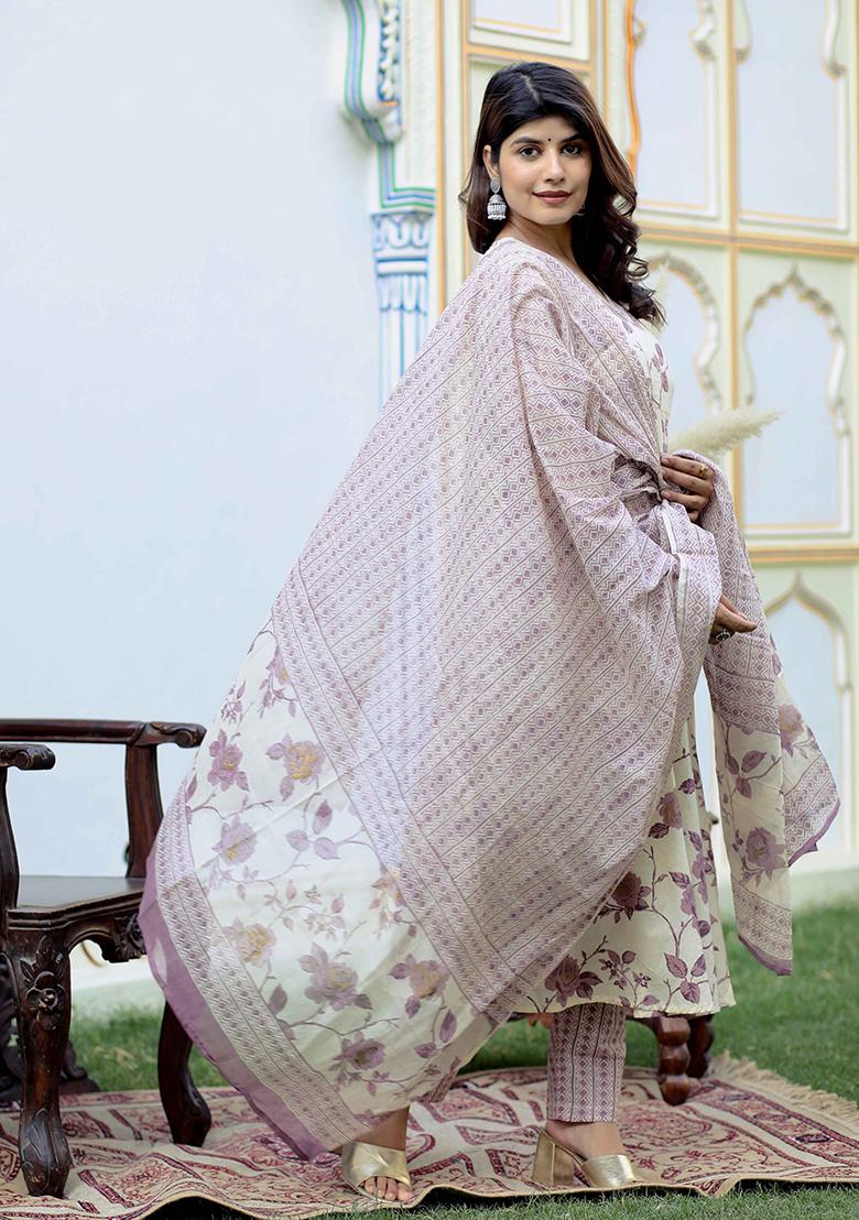 Pink Printed Cotton Anarkali Set