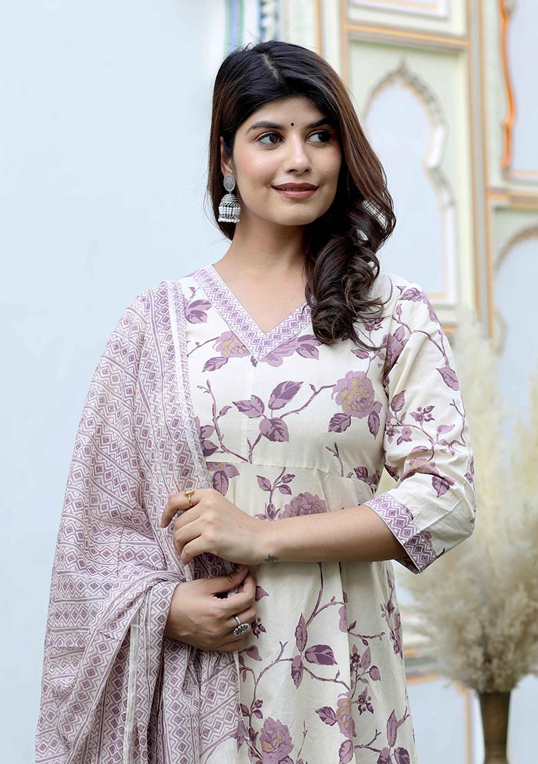 Pink Printed Cotton Anarkali Set